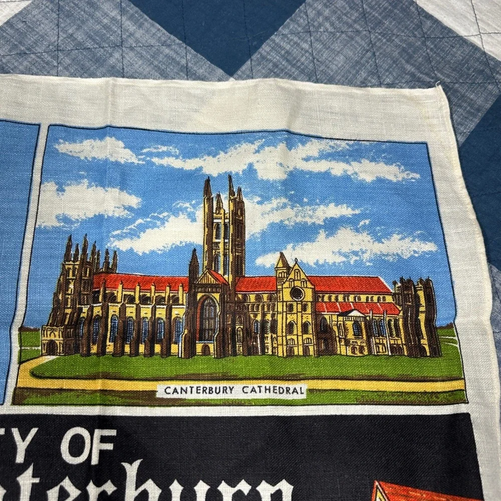 Vintage City of Canterbury Pure Irish Linen Tea Towel Souvenir England Landmarks